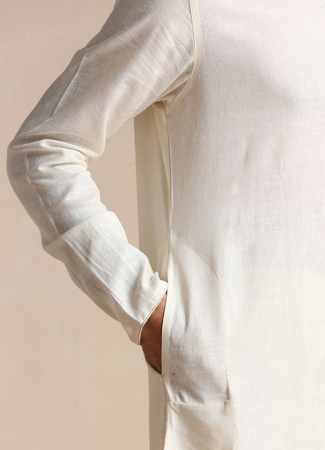 Manyavar Men Cream White Patterned Placket Kurta Set