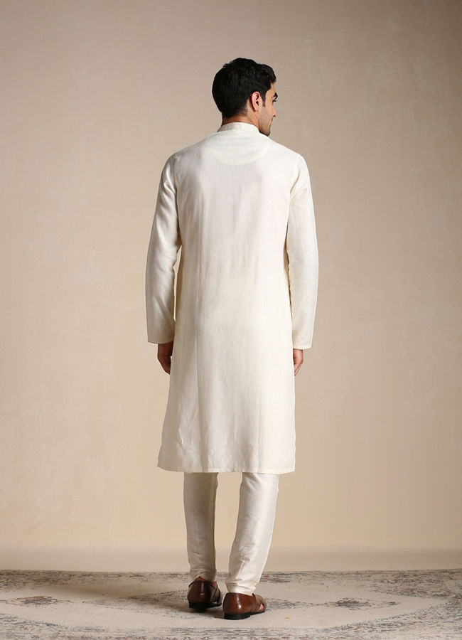 Manyavar Men Cream White Patterned Placket Kurta Set