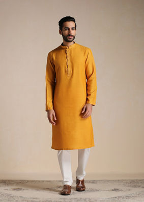 alt message - Manyavar Men Sunrise Orange Placket Detailed Kurta Set image number 1