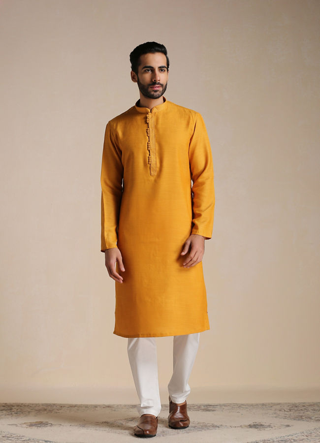 alt message - Manyavar Men Sunrise Orange Placket Detailed Kurta Set image number 1