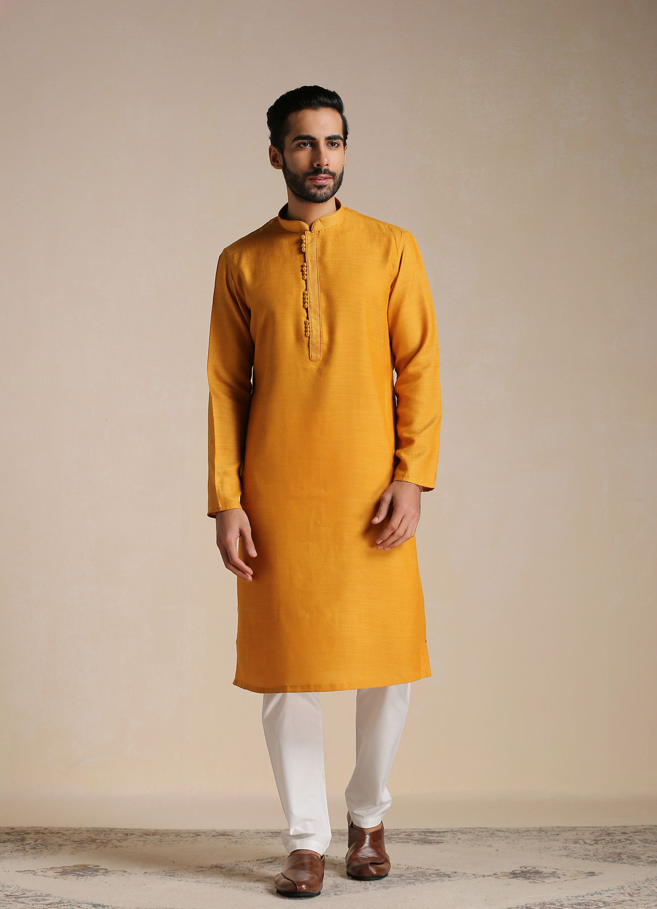 Manyavar Men Sunrise Orange Placket Detailed Kurta Set