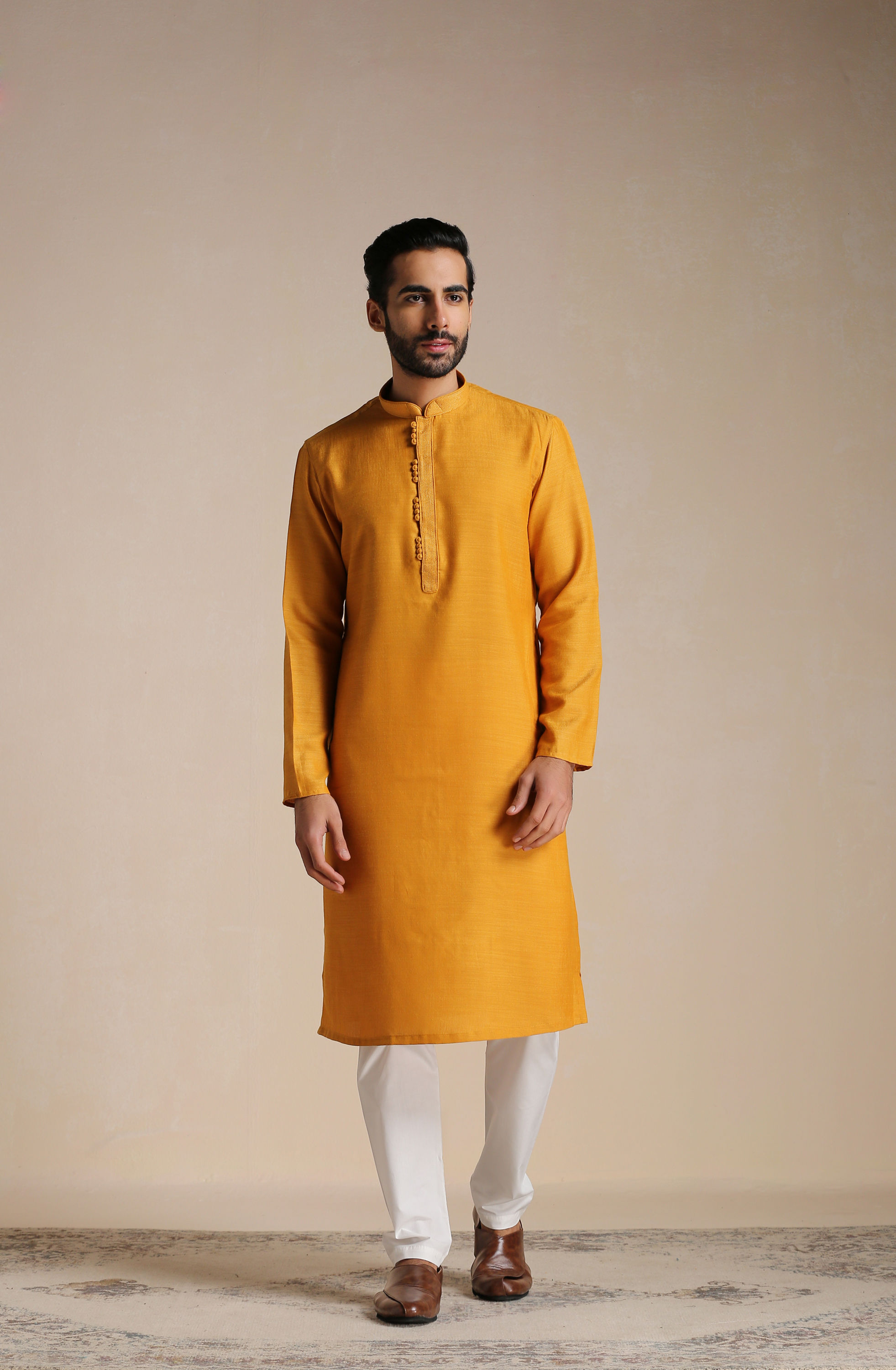 Manyavar Men Sunrise Orange Placket Detailed Kurta Set