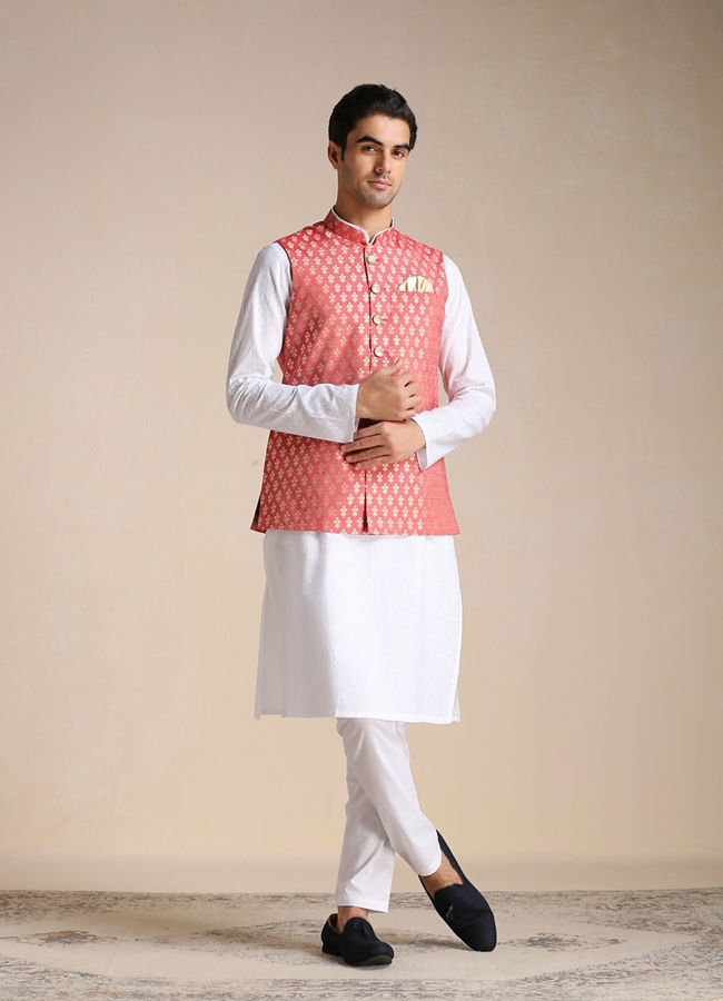 Manyavar Men Rust Red Jacket With Golden Motifs