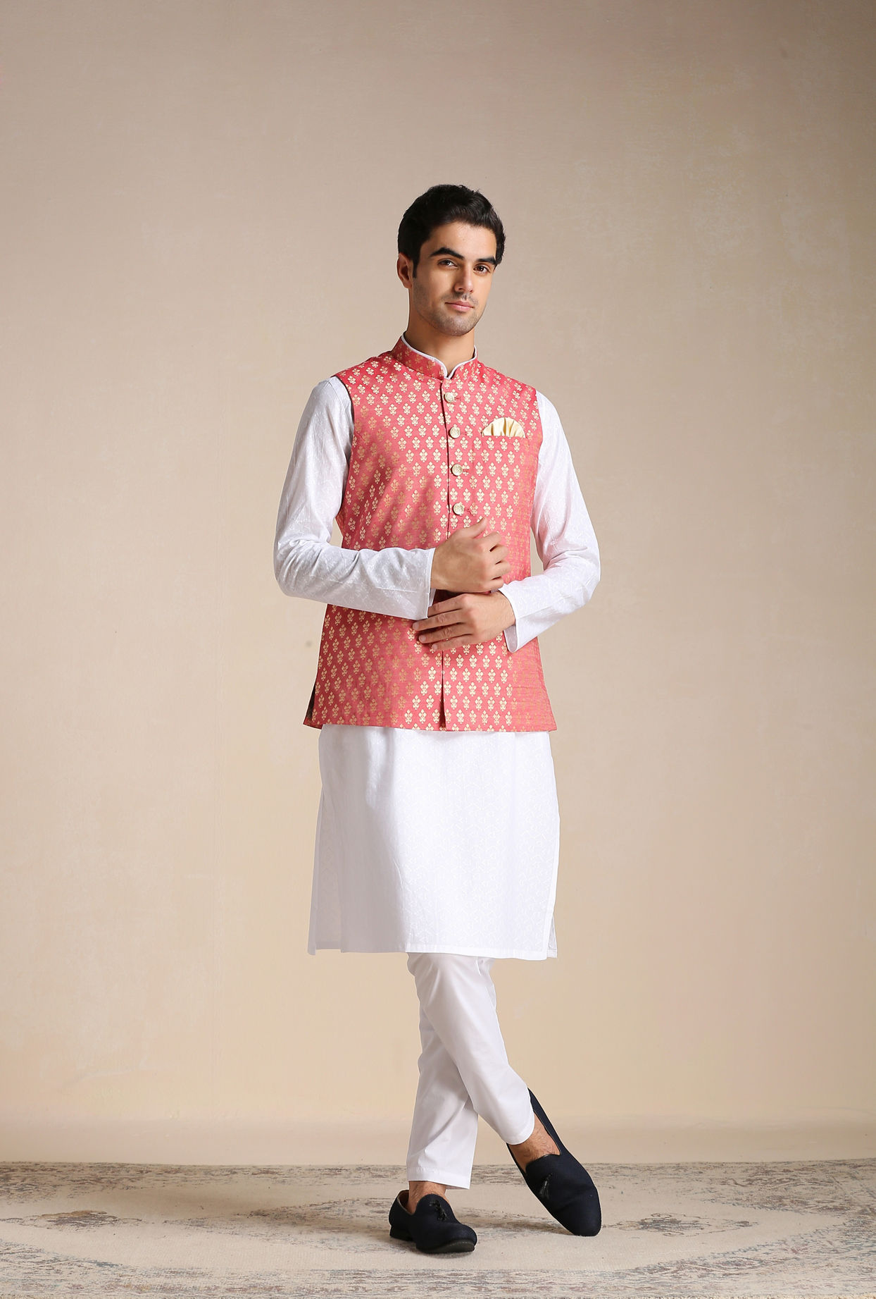 Manyavar Men Rust Red Jacket With Golden Motifs