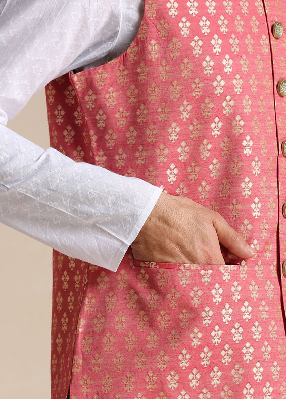 Manyavar Men Rust Red Jacket With Golden Motifs