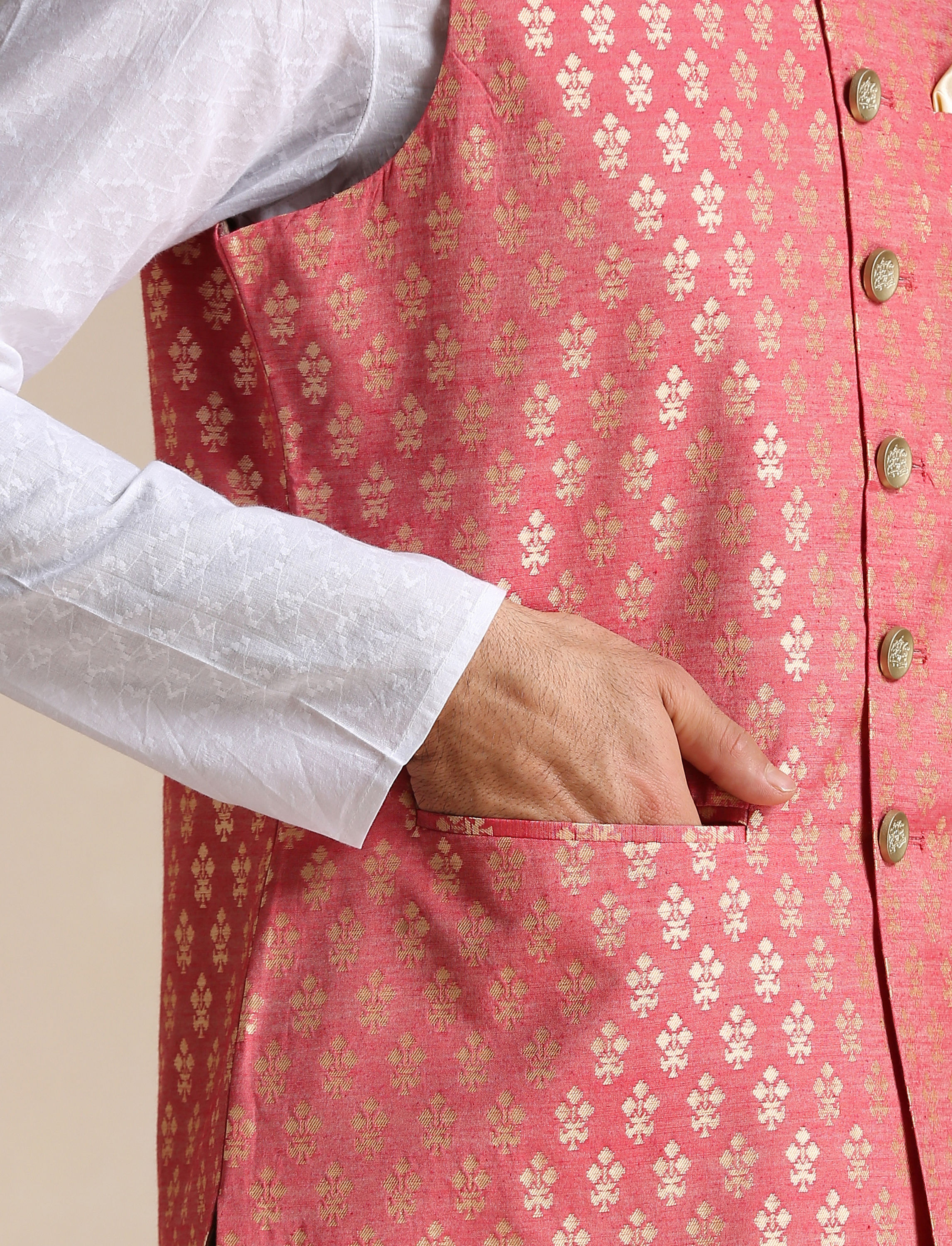 Manyavar Men Rust Red Jacket With Golden Motifs