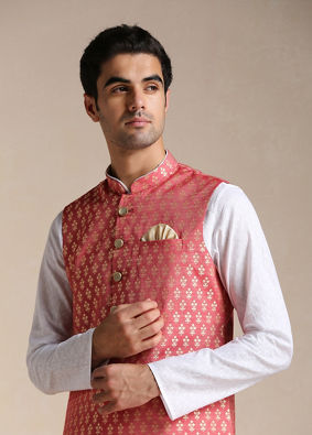 Manyavar Men Rust Red Jacket With Golden Motifs image number 0