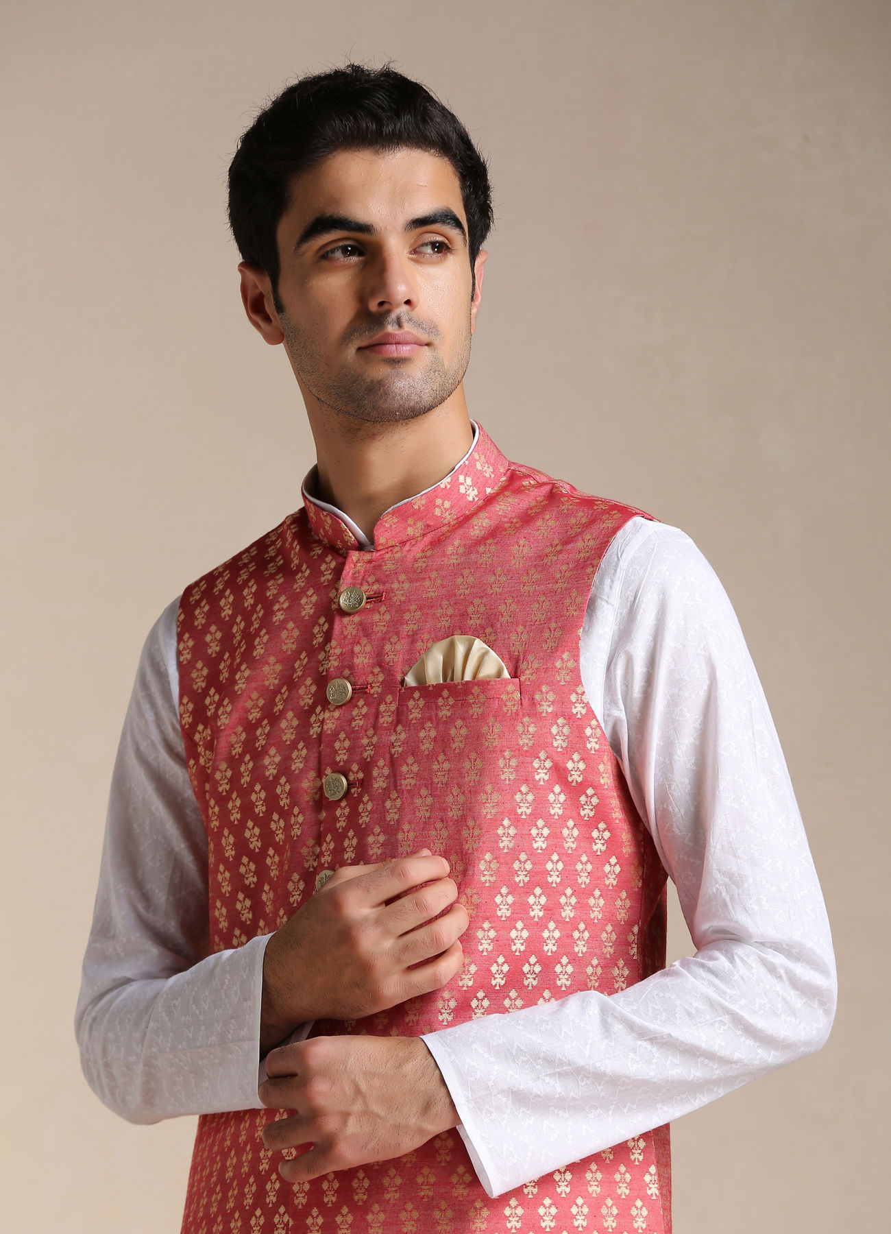 Manyavar Men Rust Red Jacket With Golden Motifs