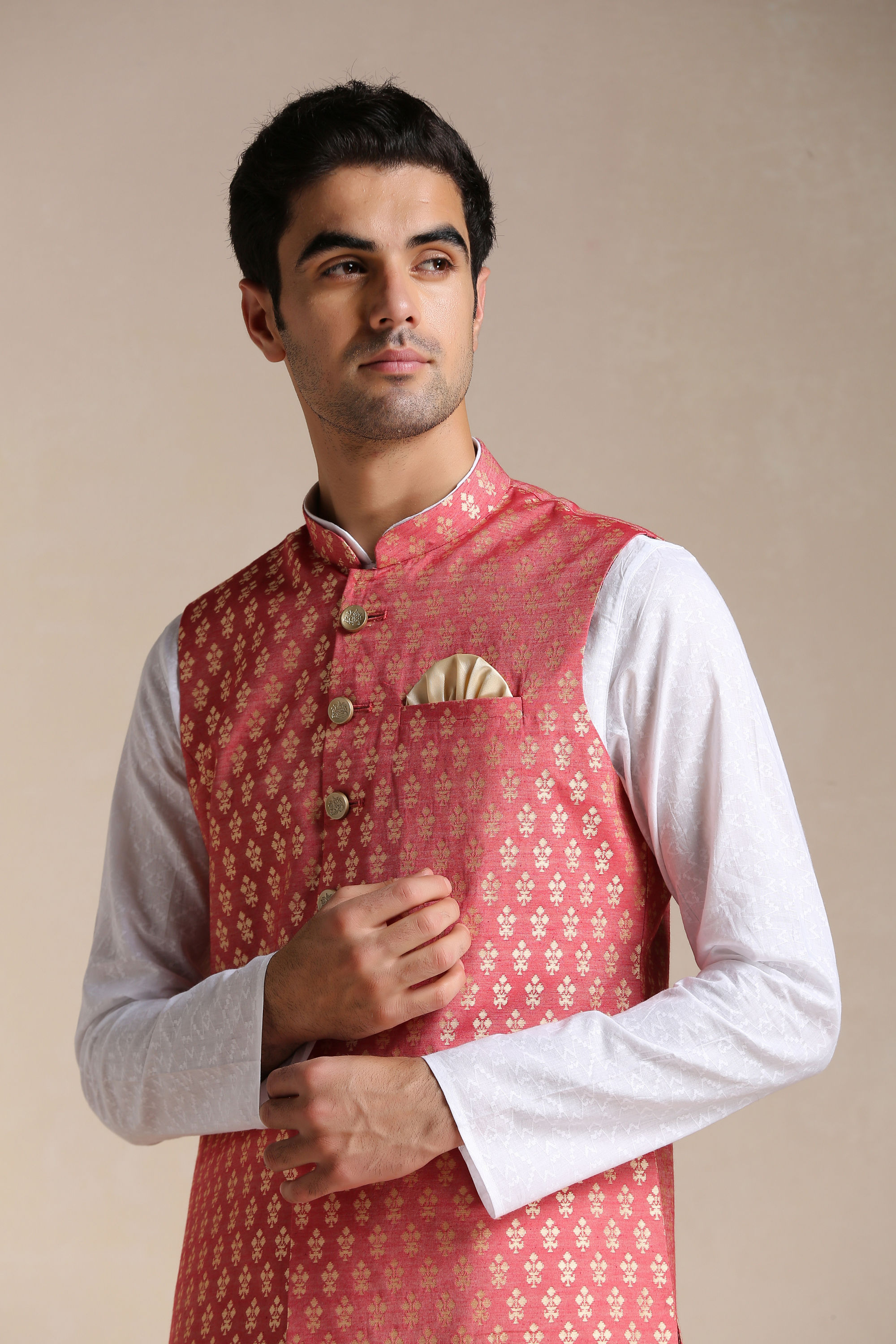 Manyavar Men Rust Red Jacket With Golden Motifs