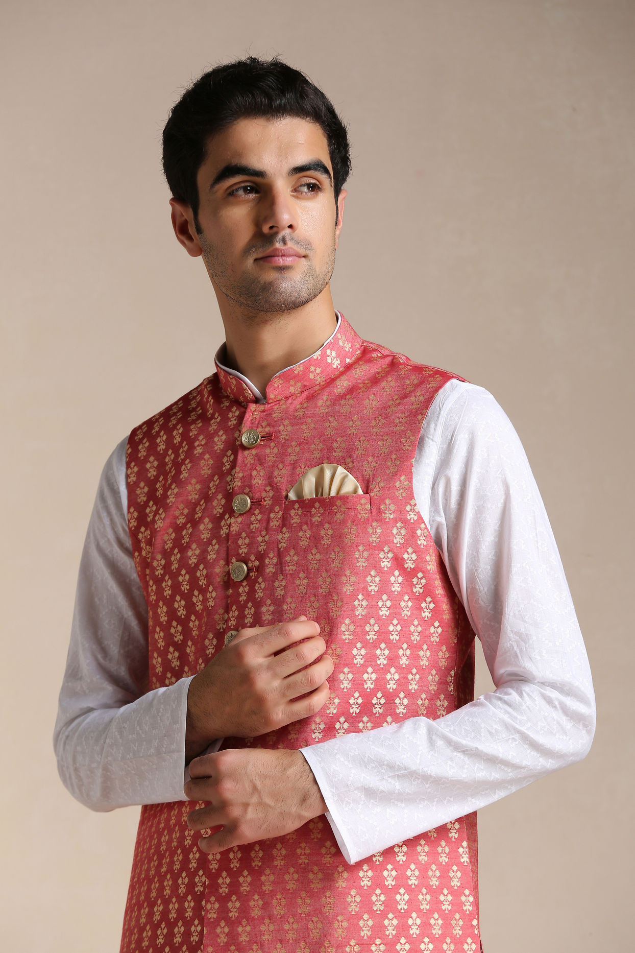 Manyavar Men Rust Red Jacket With Golden Motifs image number 0