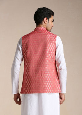 Manyavar Men Rust Red Jacket With Golden Motifs image number 3