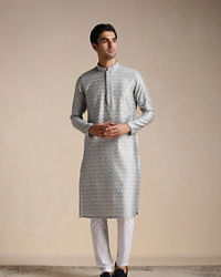 Manyavar Men Silver Grey Jacquard Patterned Kurta Set