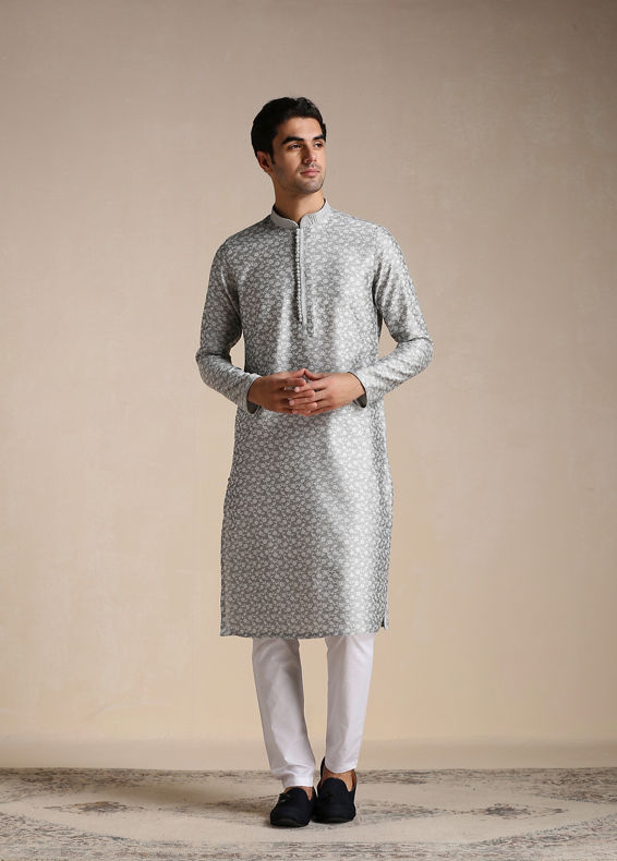 Manyavar Men Silver Grey Jacquard Patterned Kurta Set