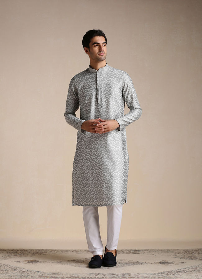 Manyavar Men Silver Grey Jacquard Patterned Kurta Set image number 1