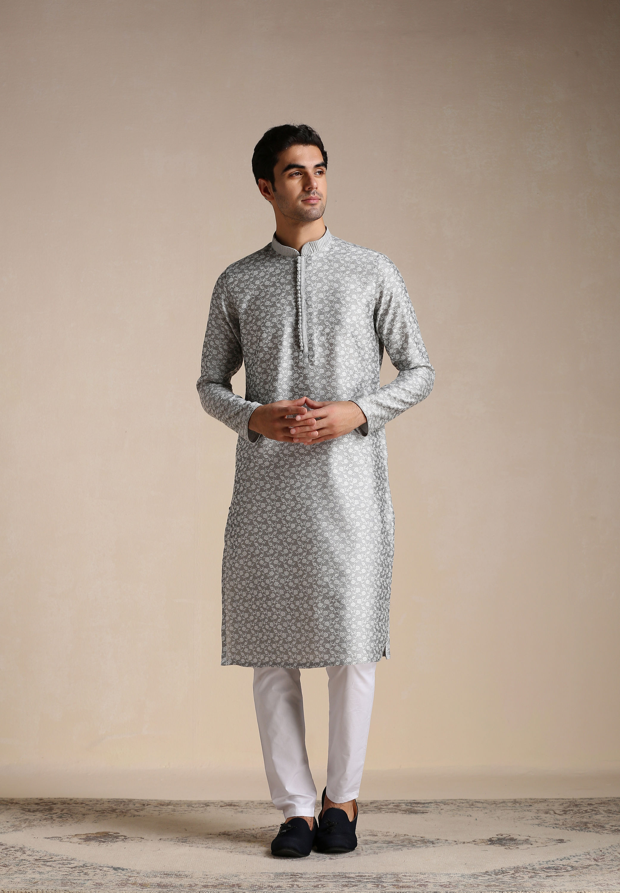 Manyavar Men Silver Grey Jacquard Patterned Kurta Set