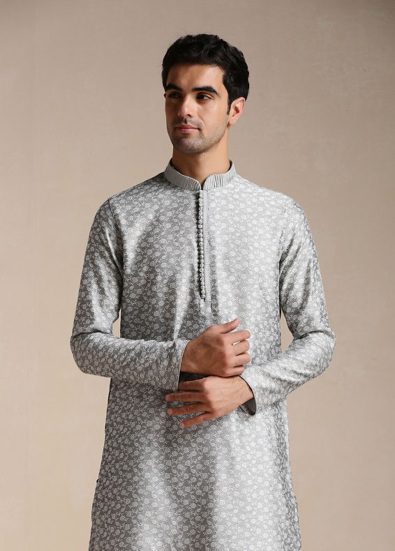 Manyavar Men Silver Grey Jacquard Patterned Kurta Set