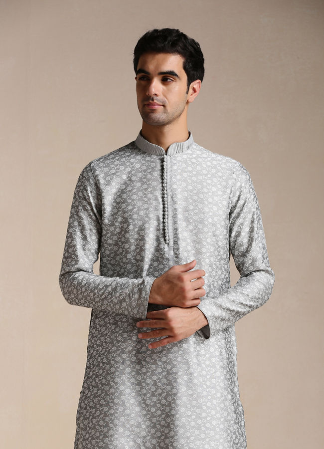 Manyavar Men Silver Grey Jacquard Patterned Kurta Set image number 0