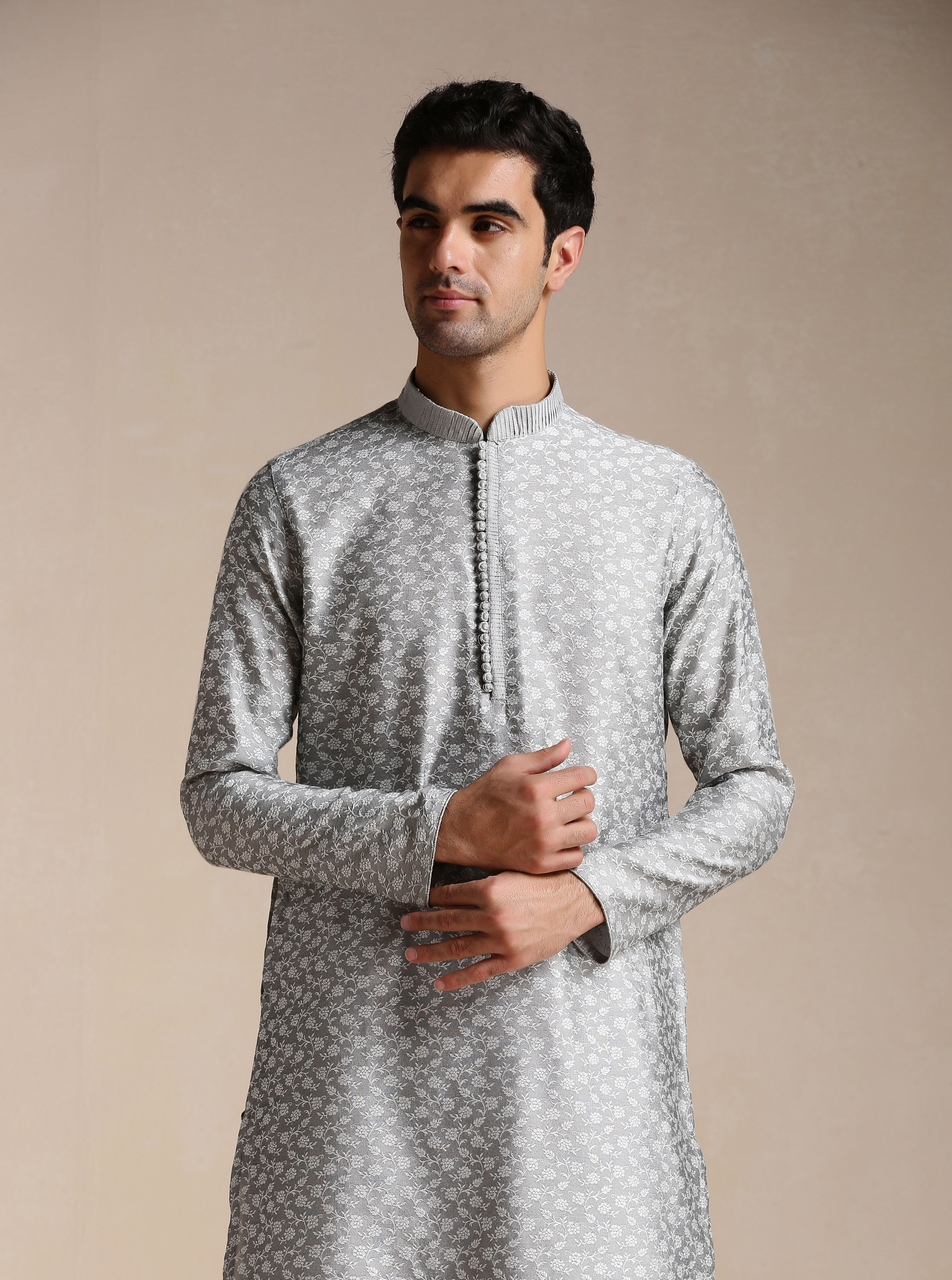 Manyavar Men Silver Grey Jacquard Patterned Kurta Set