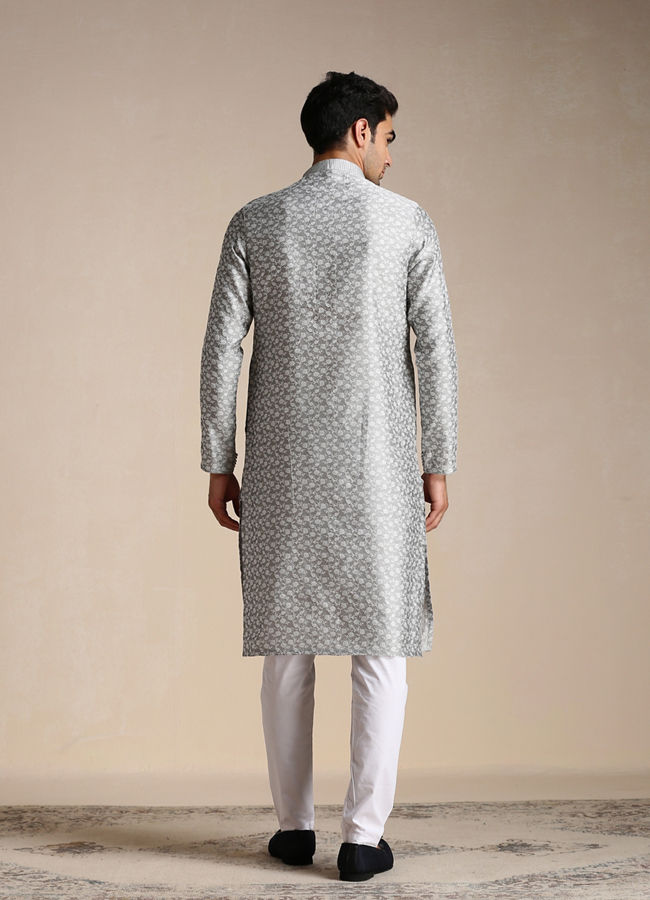 Manyavar Men Silver Grey Jacquard Patterned Kurta Set