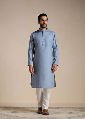 Manyavar Men Dusty Blue Self Patterned Kurta Set image number 1