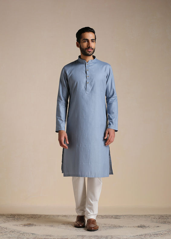 Manyavar Men Dusty Blue Self Patterned Kurta Set