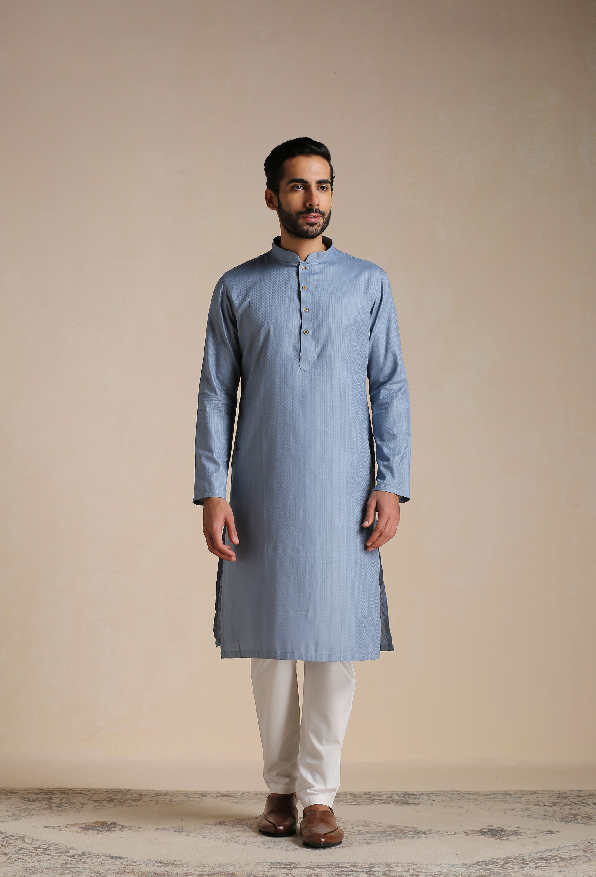 Manyavar Men Dusty Blue Self Patterned Kurta Set