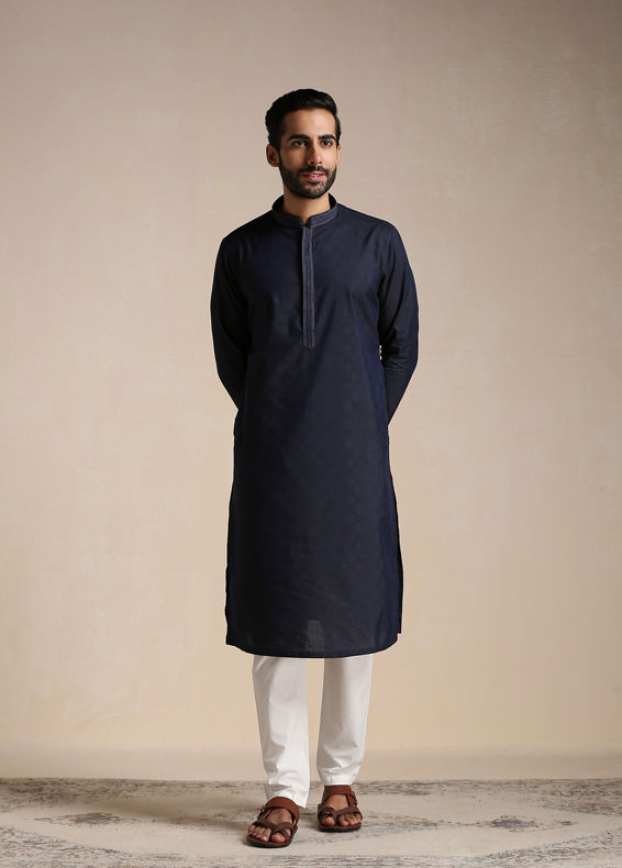 Manyavar Men Dark Indigo Dotted Patterned Kurta Set