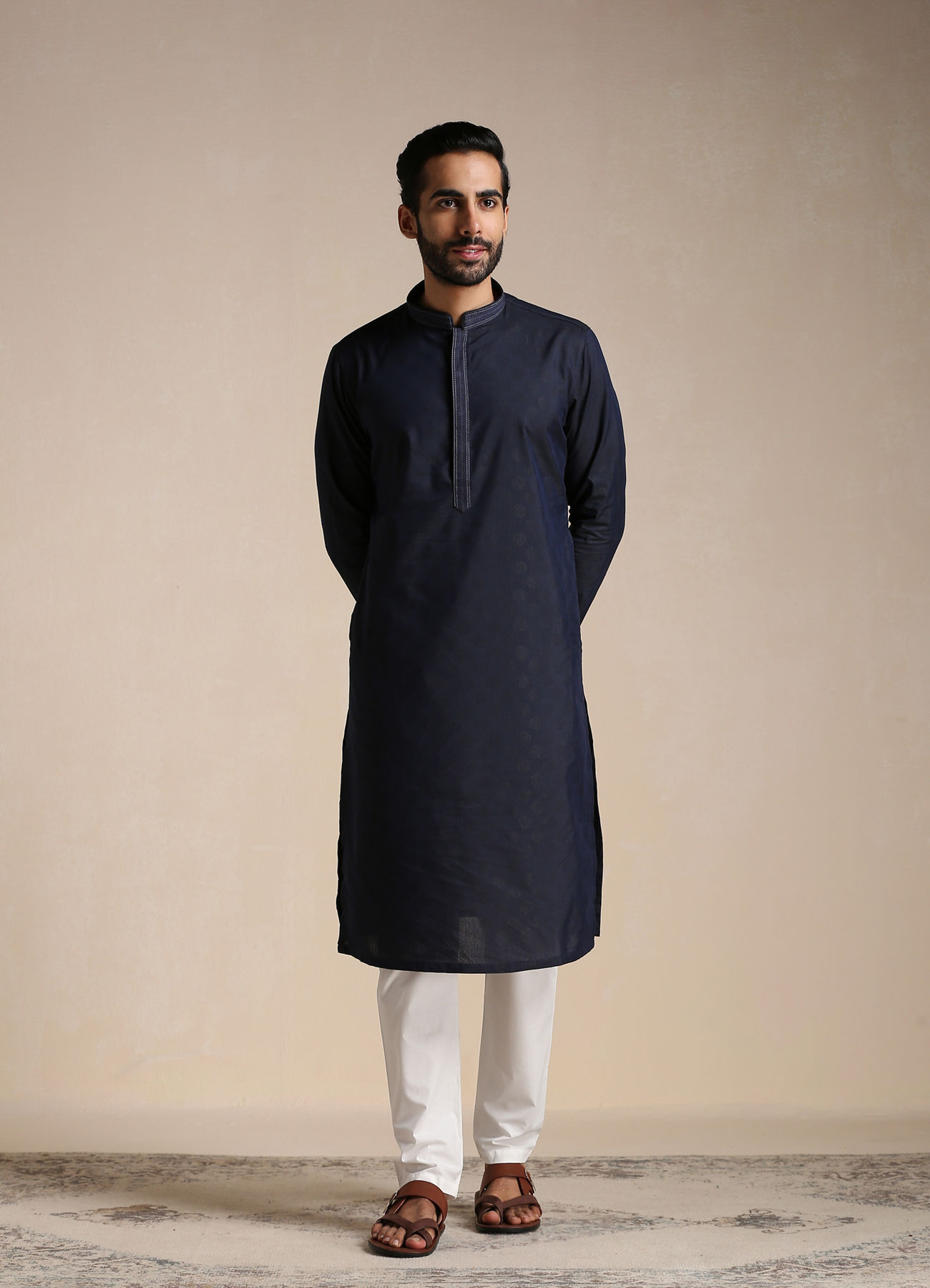 Manyavar Men Dark Indigo Dotted Patterned Kurta Set