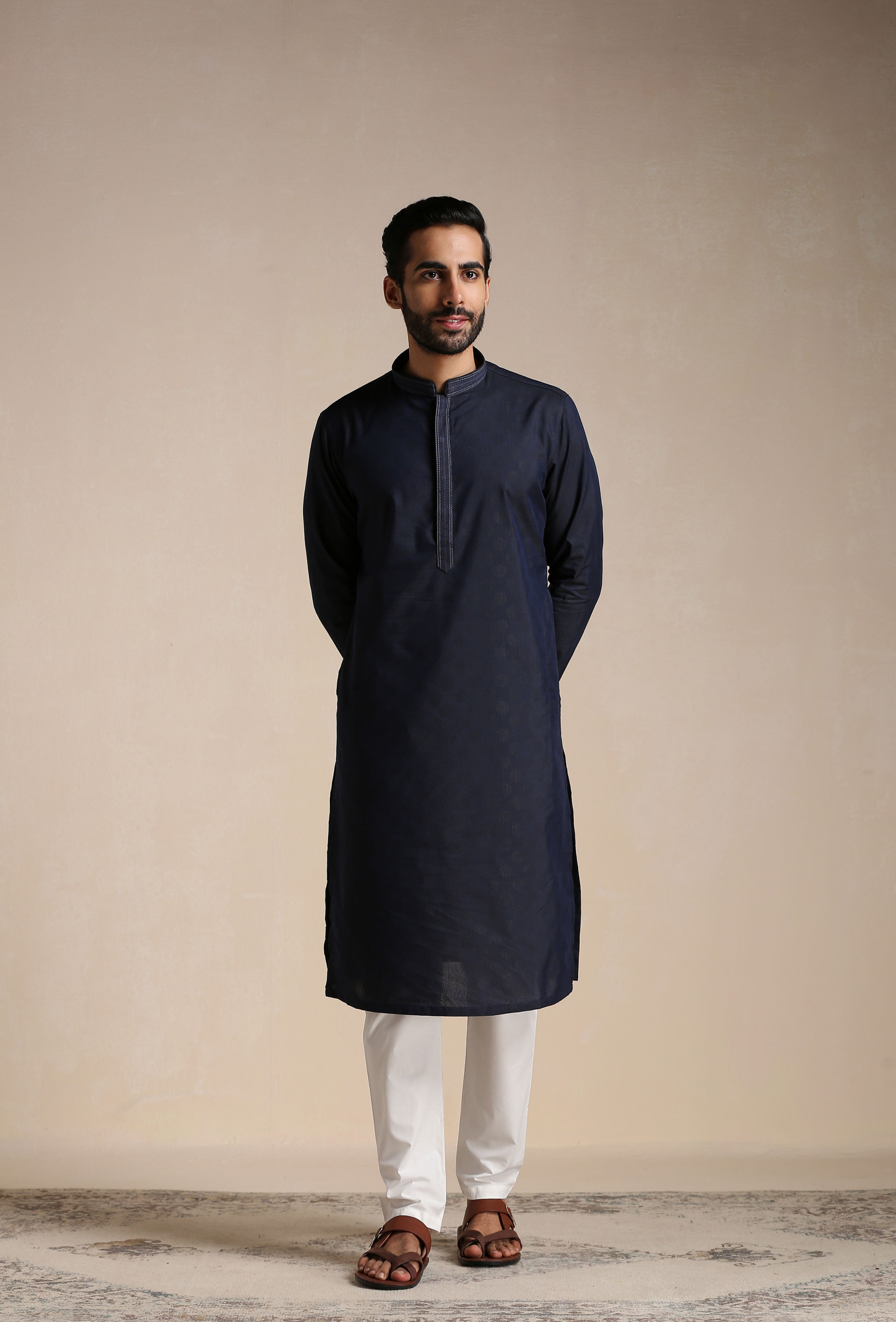 Manyavar Men Dark Indigo Dotted Patterned Kurta Set
