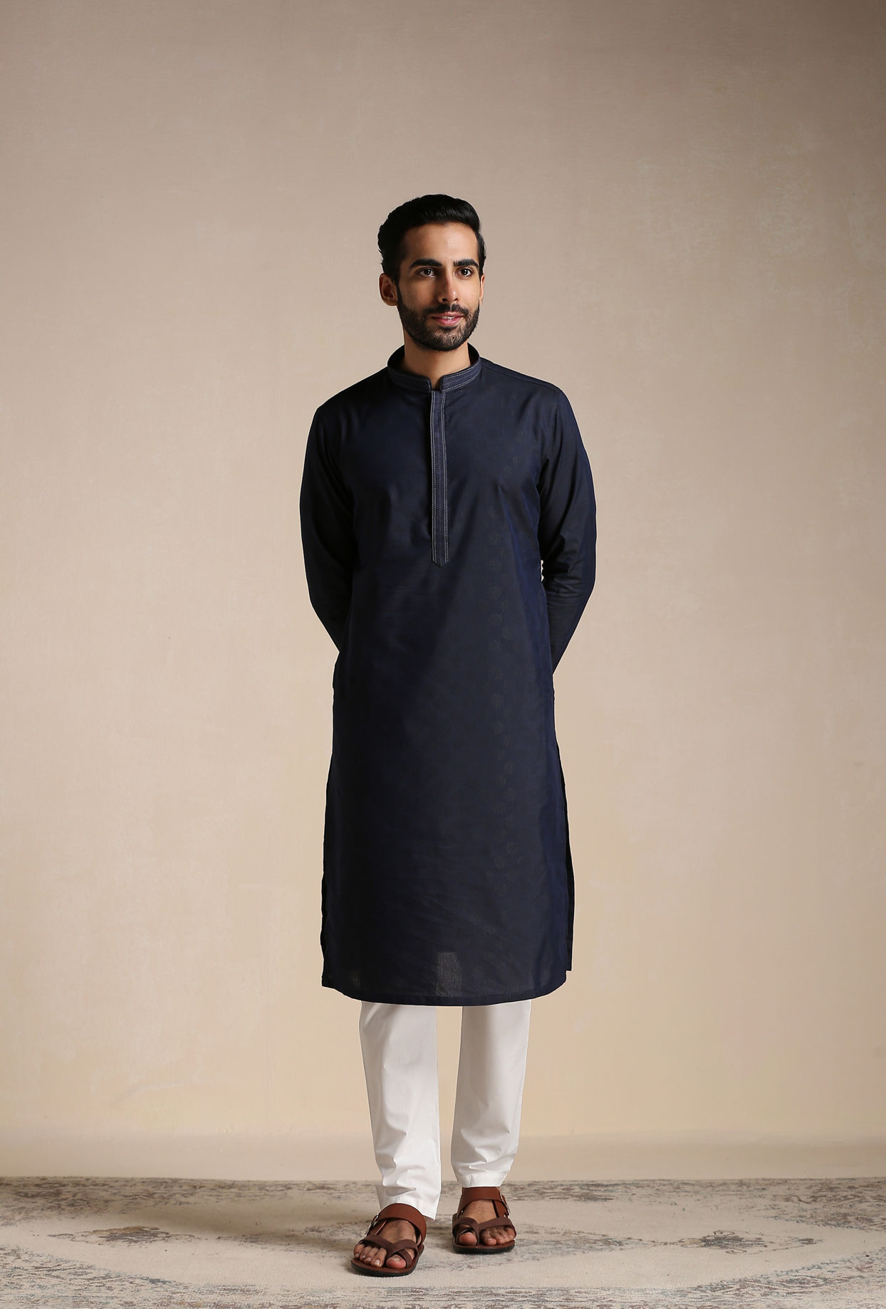 Manyavar Men Dark Indigo Dotted Patterned Kurta Set image number 1