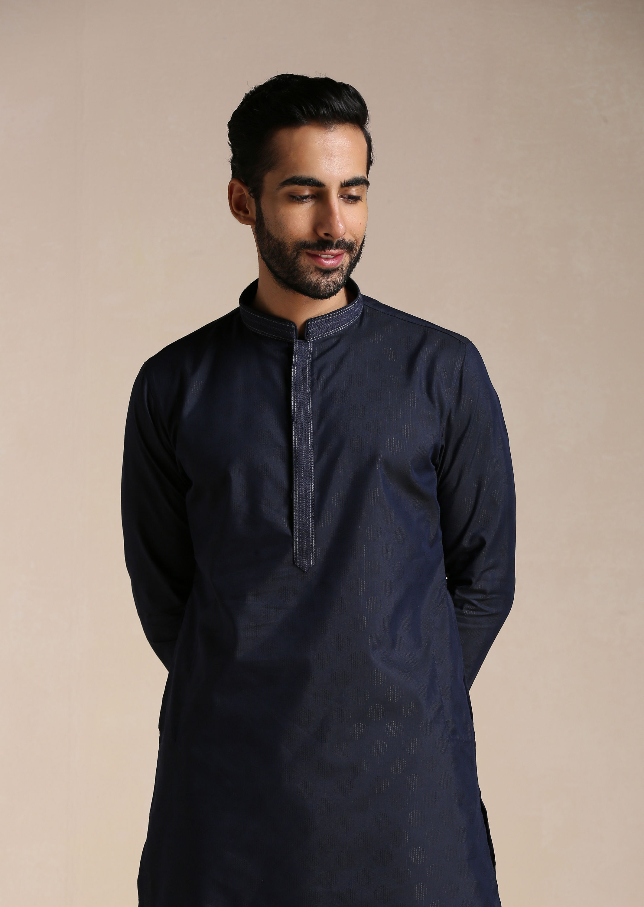 Manyavar Men Dark Indigo Dotted Patterned Kurta Set