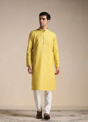 Manyavar Men Daffodil Yellow Dotted Patterned Kurta Set image number 1