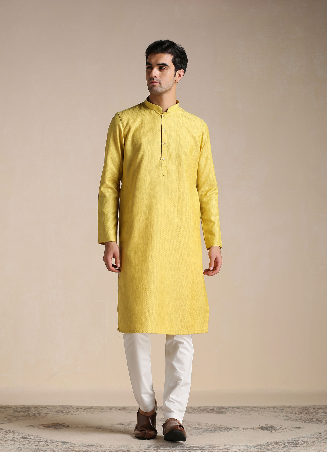 Manyavar Men Daffodil Yellow Dotted Patterned Kurta Set