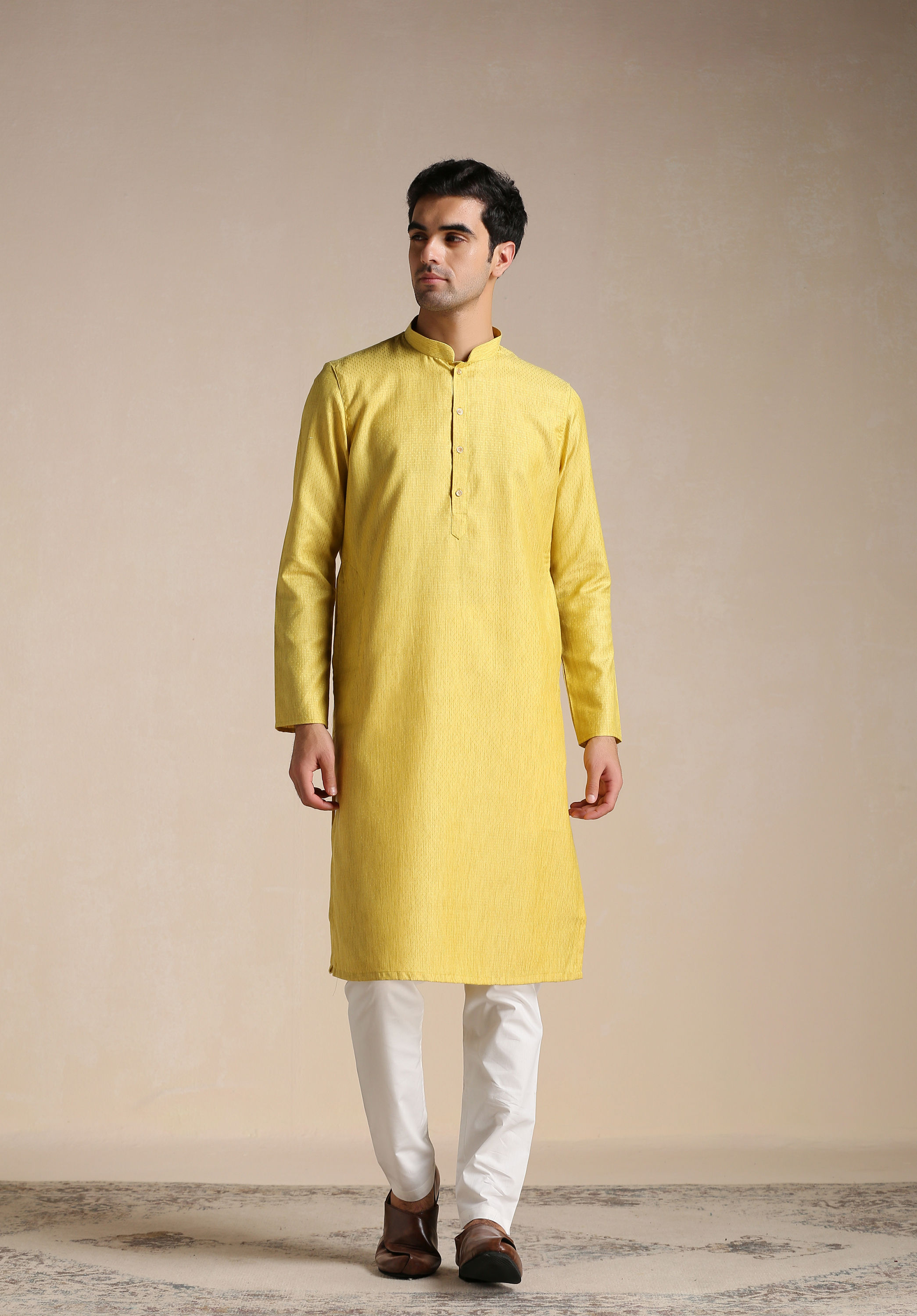 Manyavar Men Daffodil Yellow Dotted Patterned Kurta Set
