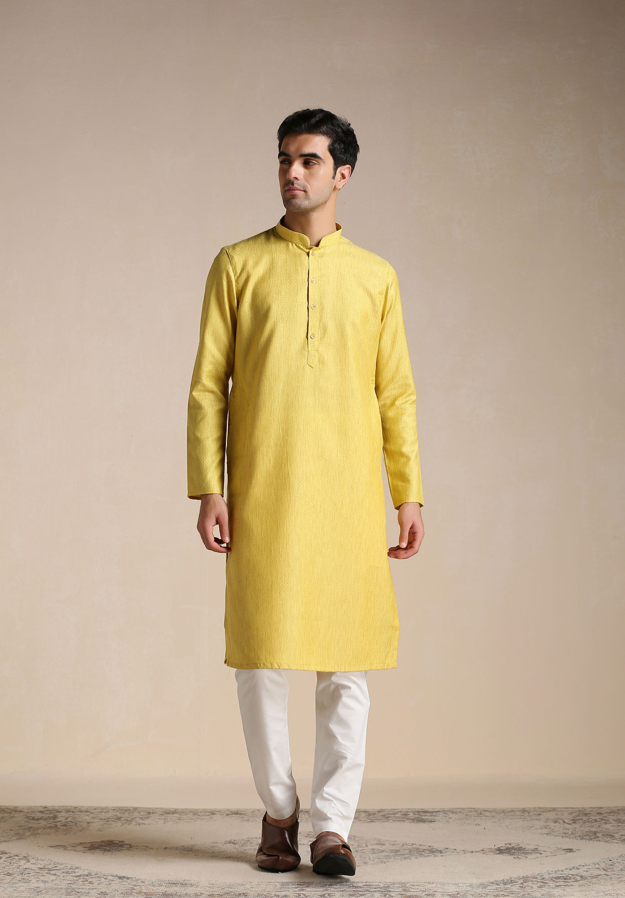 Manyavar Men Daffodil Yellow Dotted Patterned Kurta Set image number 1