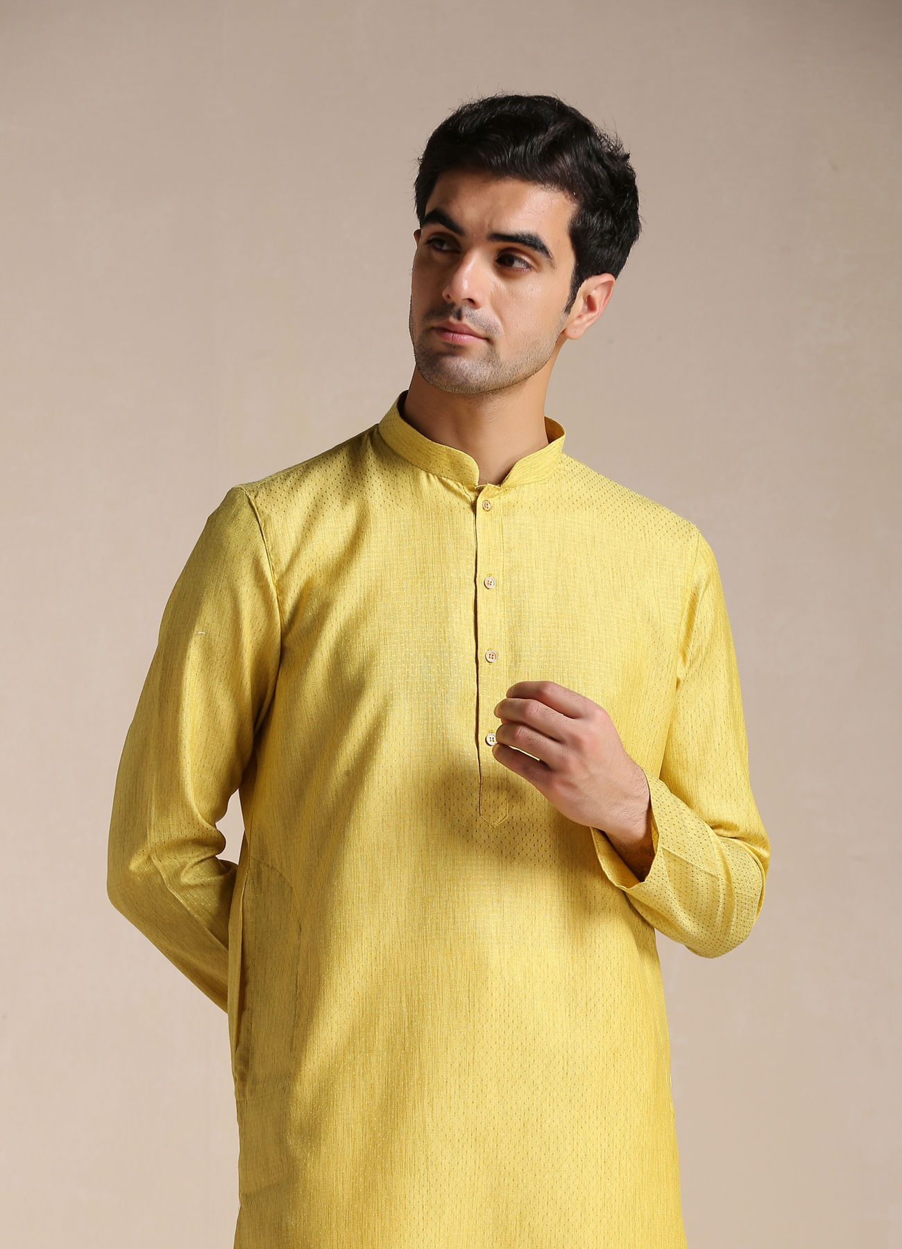 Manyavar Men Daffodil Yellow Dotted Patterned Kurta Set