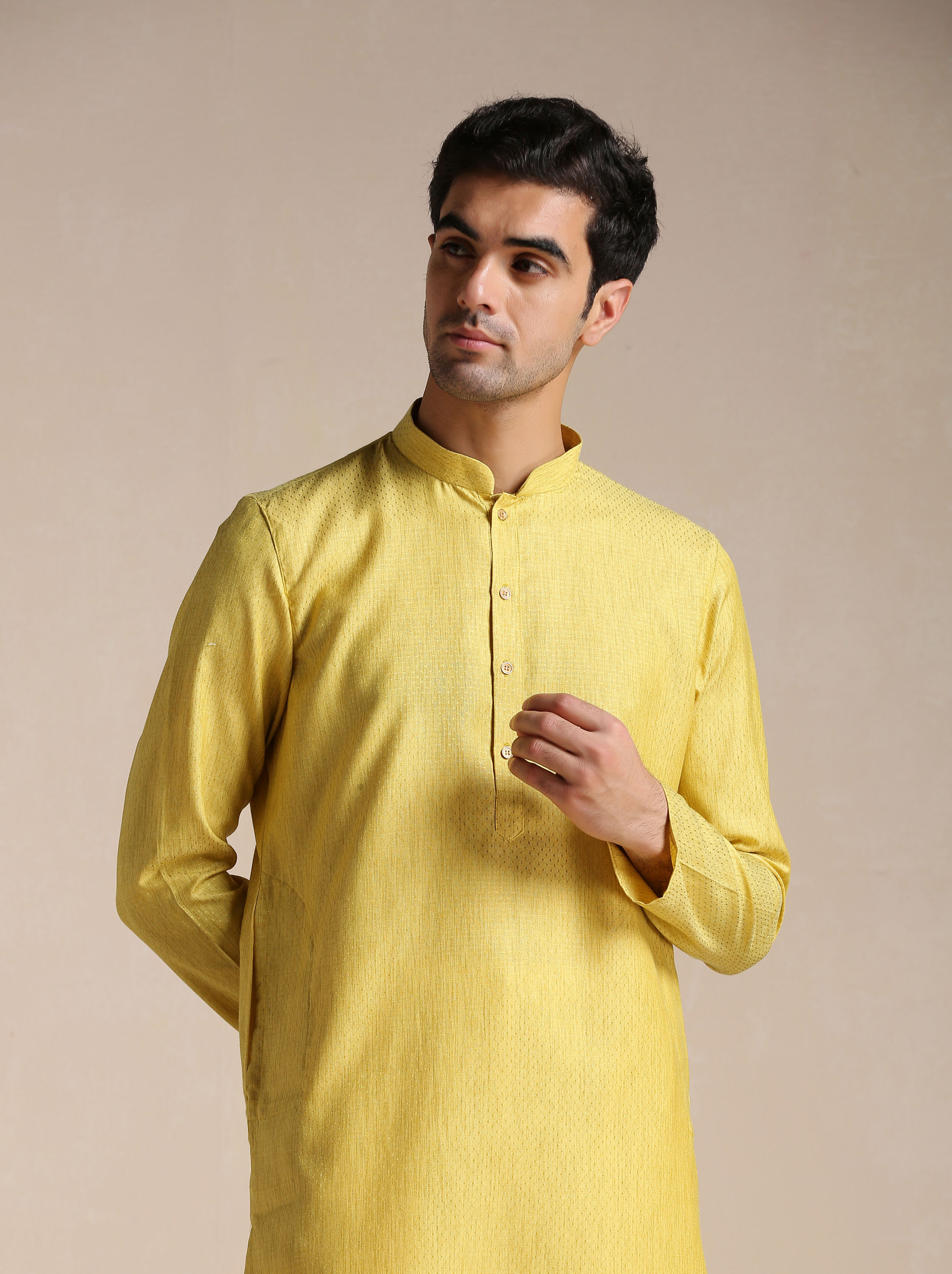 Manyavar Men Daffodil Yellow Dotted Patterned Kurta Set