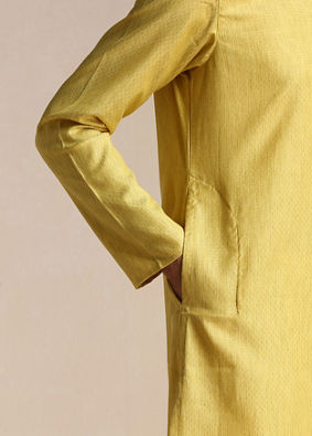 Manyavar Men Daffodil Yellow Dotted Patterned Kurta Set image number 2