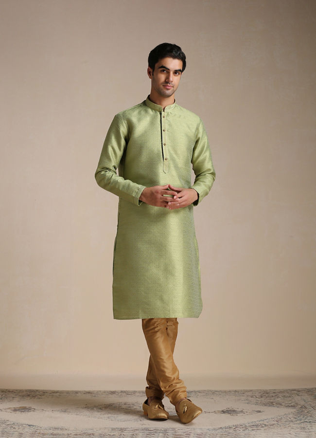 Men Olive Green Solid Kurta With White Pyjamas