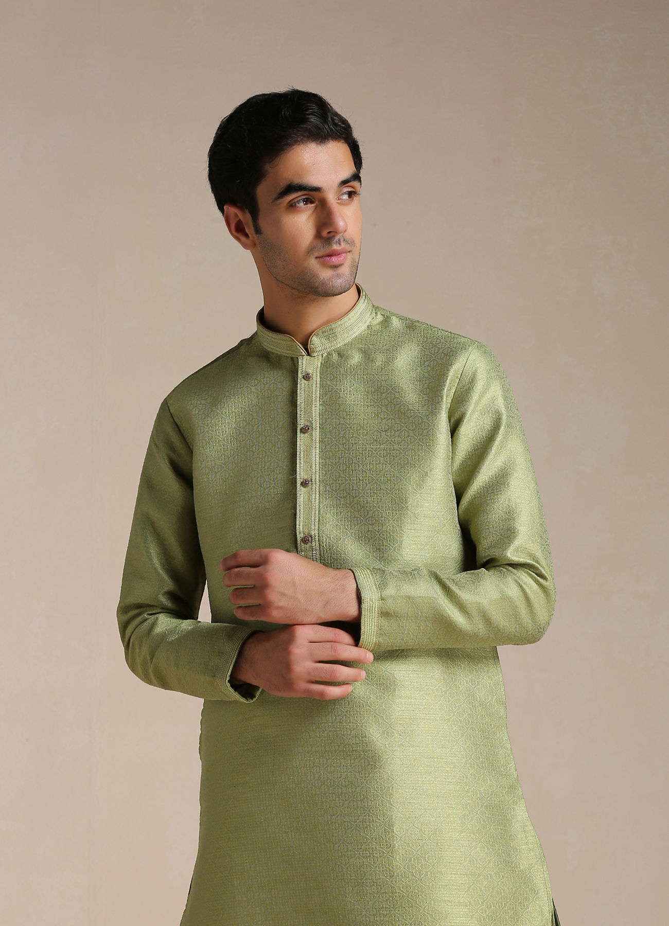 Manyavar Men Olive Green Jacquard Pattern Kurta Set