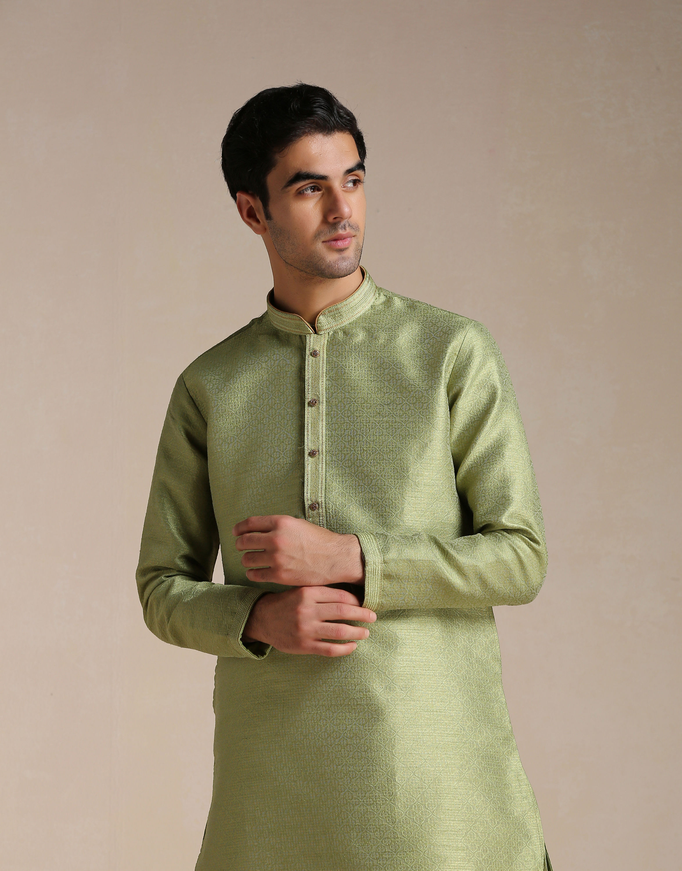 Manyavar Men Olive Green Jacquard Pattern Kurta Set