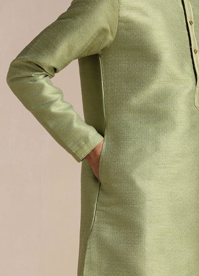 Manyavar Men Olive Green Jacquard Pattern Kurta Set