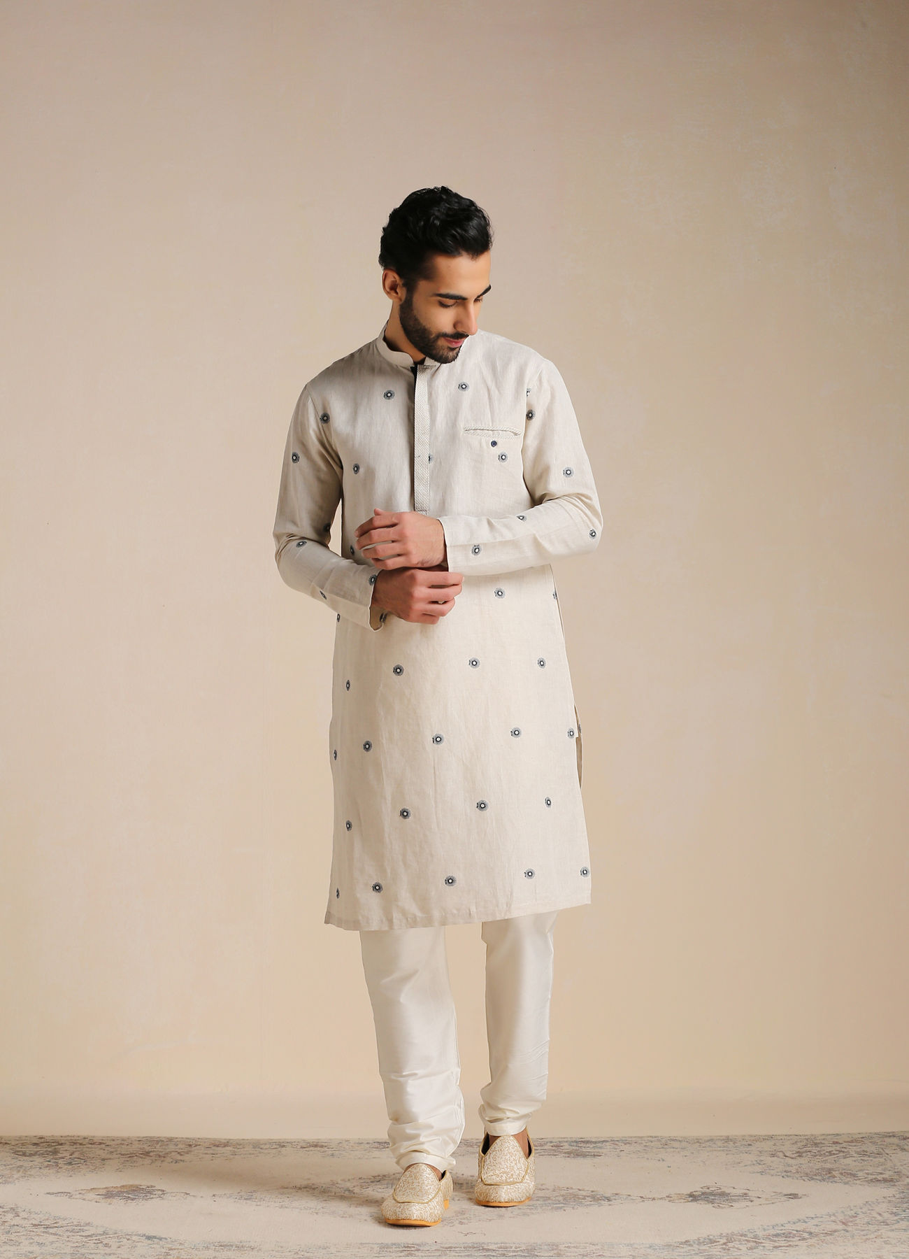 Manyavar Men Light Beige Printed Casual Kurta