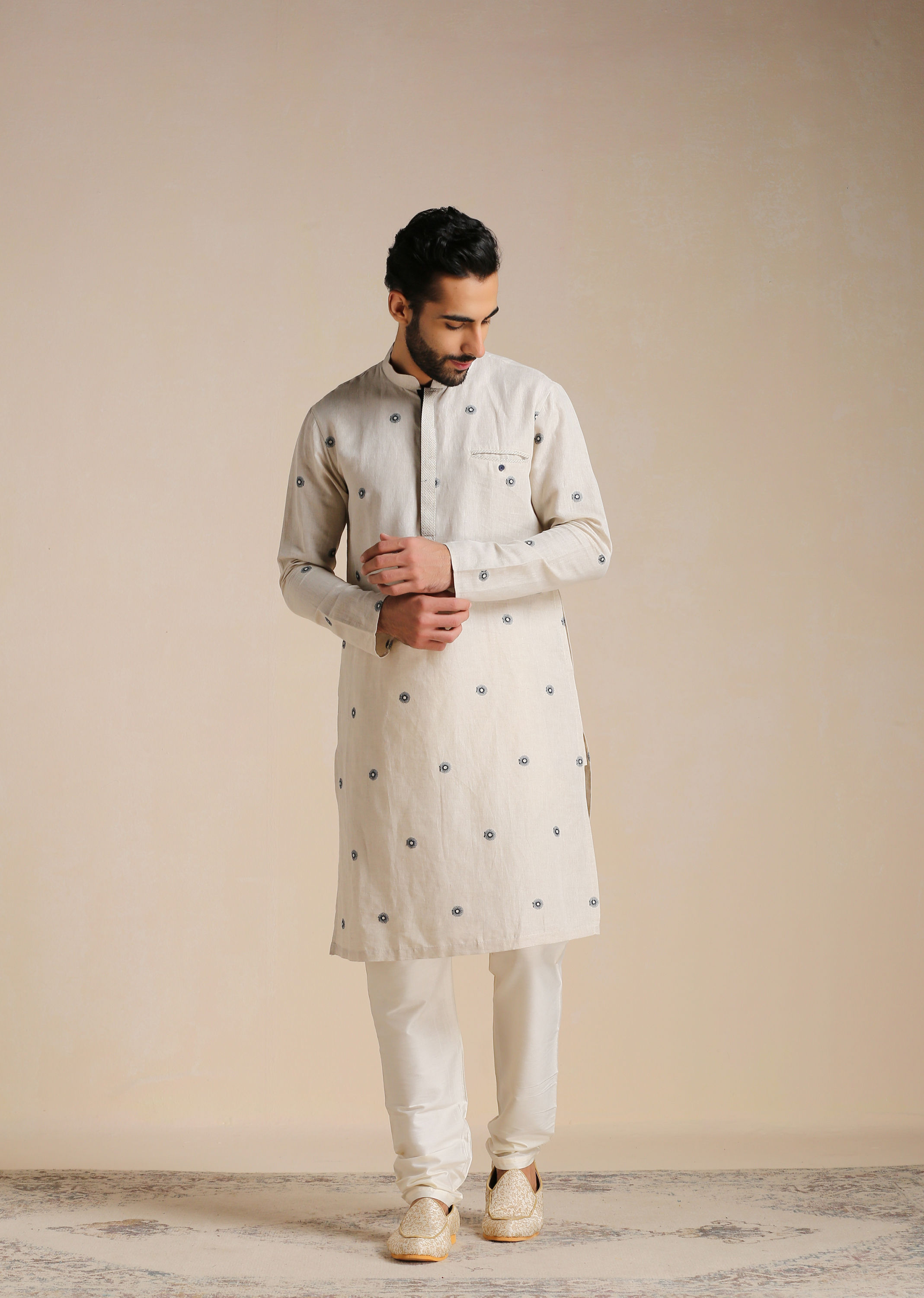 Manyavar Men Light Beige Printed Casual Kurta