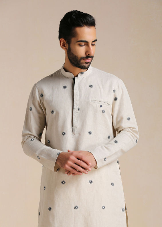 Manyavar Men Light Beige Printed Casual Kurta