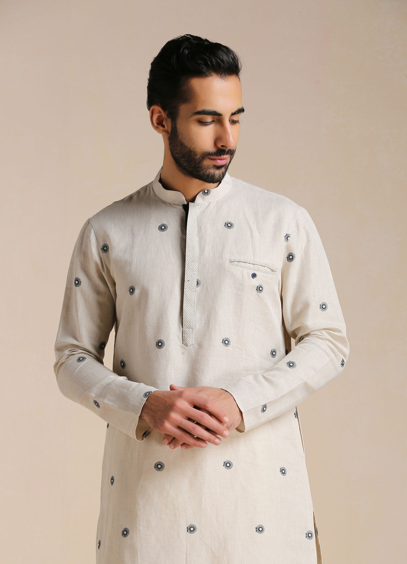 Manyavar Men Light Beige Printed Casual Kurta