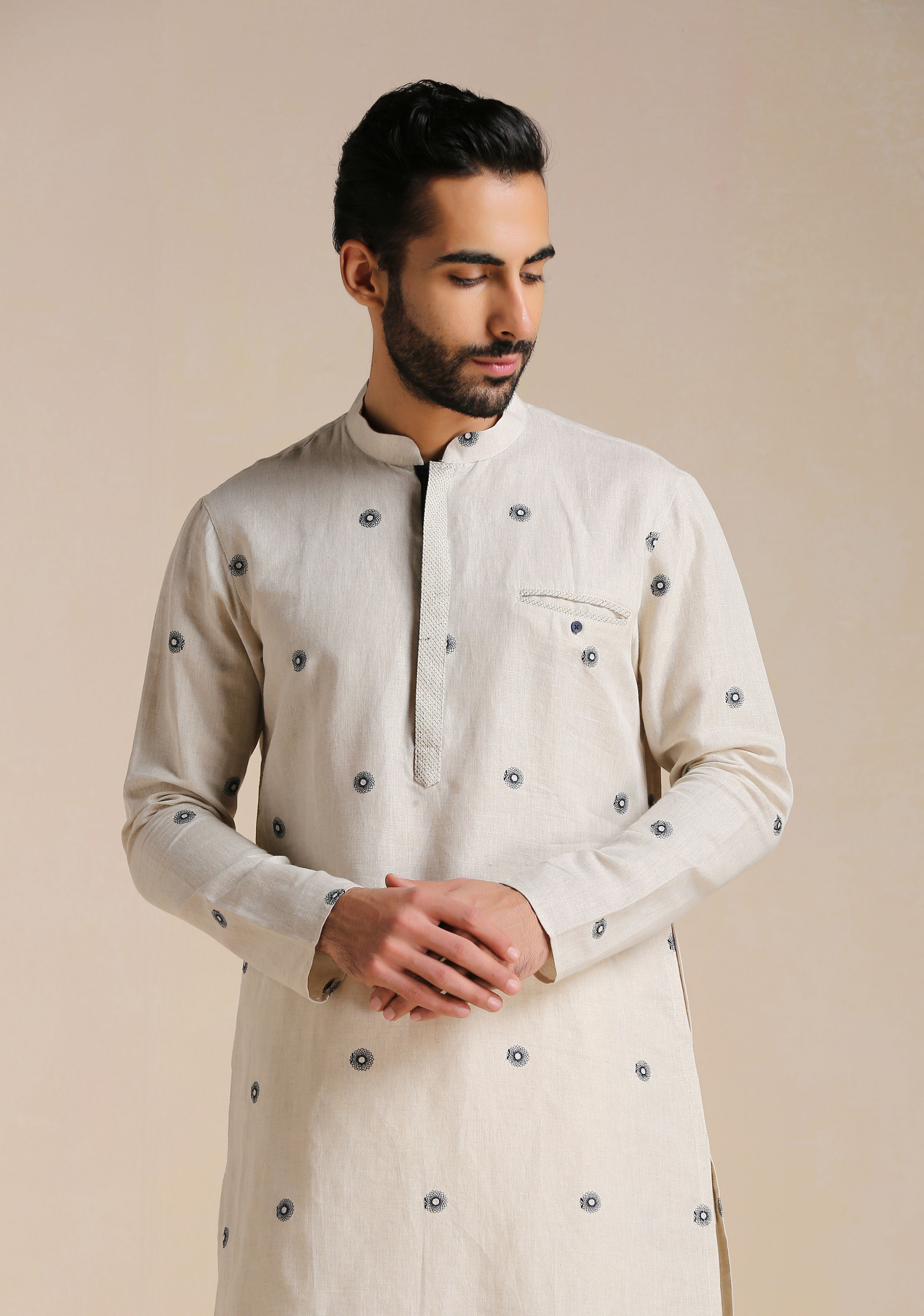 Manyavar Men Light Beige Printed Casual Kurta