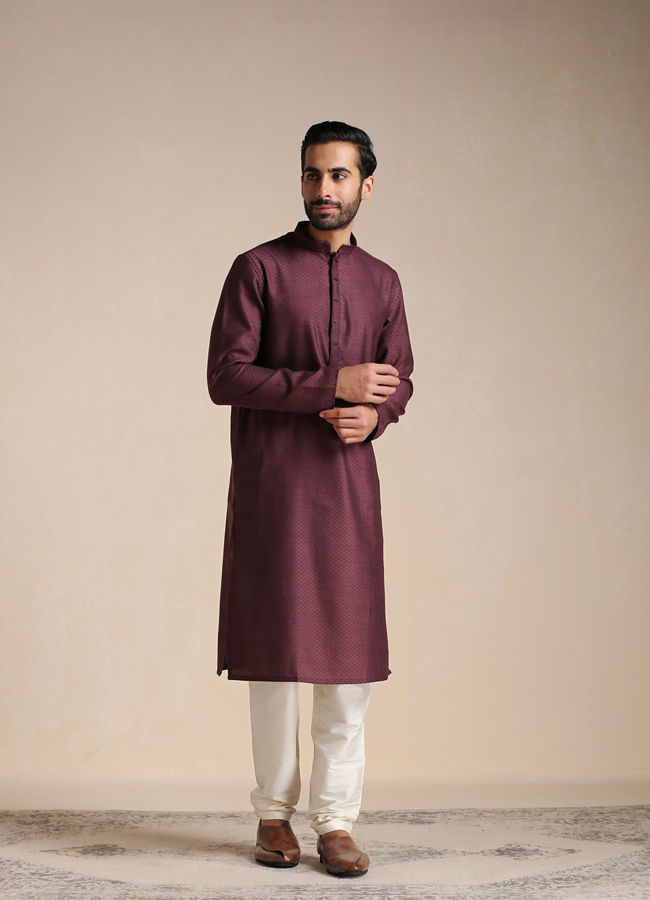 Manyavar Men Mauve Wine Dotted Patterned Kurta Set