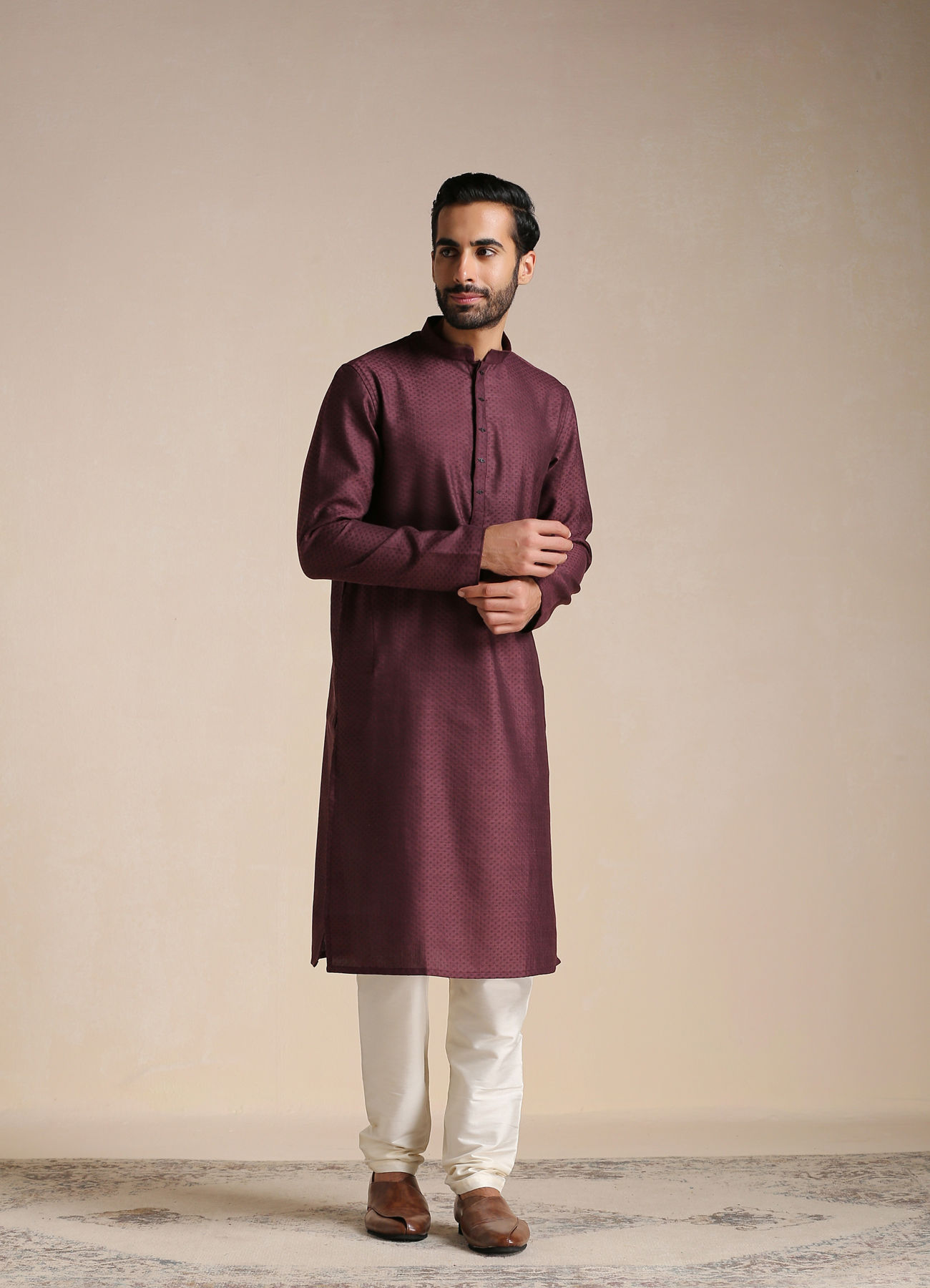 Manyavar Men Mauve Wine Dotted Patterned Kurta Set