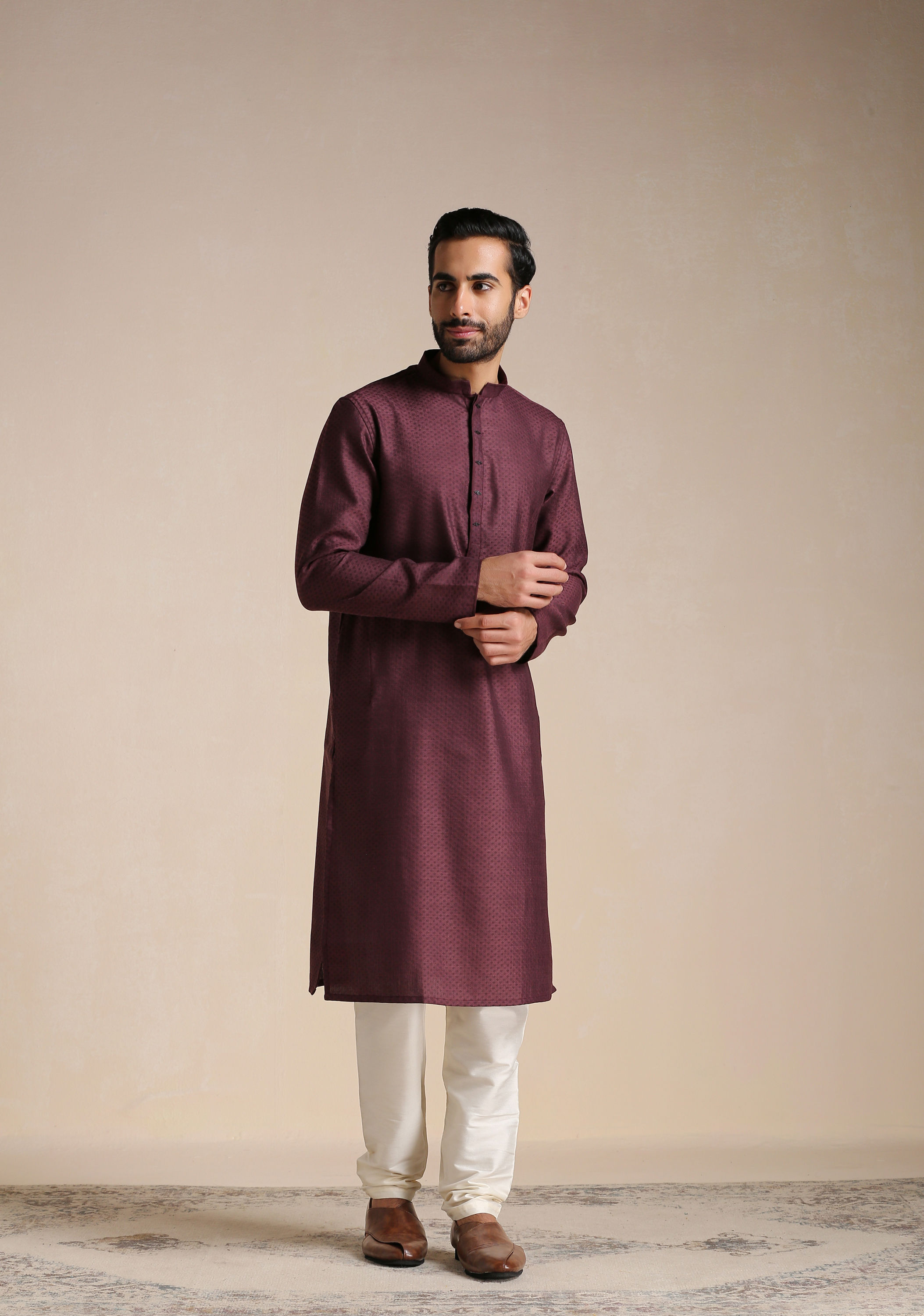 Manyavar Men Mauve Wine Dotted Patterned Kurta Set